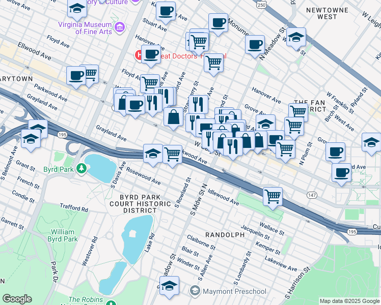 map of restaurants, bars, coffee shops, grocery stores, and more near 2116 Parkwood Avenue in Richmond