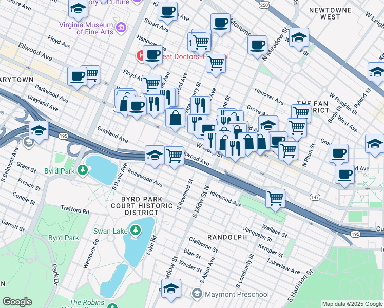 map of restaurants, bars, coffee shops, grocery stores, and more near 2115 Parkwood Avenue in Richmond