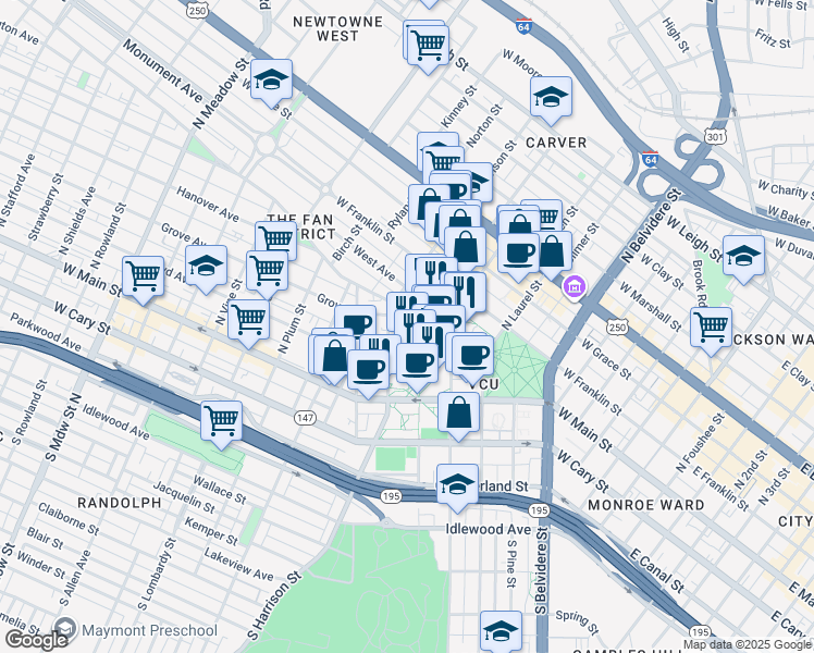 map of restaurants, bars, coffee shops, grocery stores, and more near in Richmond