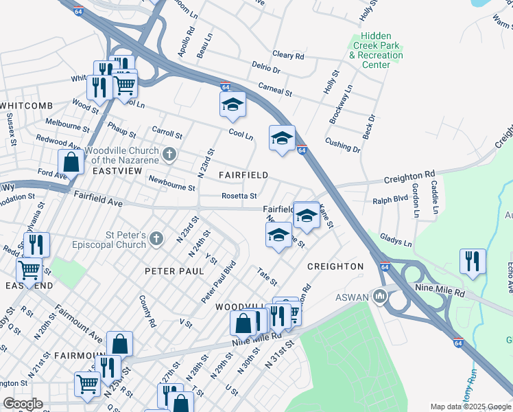 map of restaurants, bars, coffee shops, grocery stores, and more near 2514 Fairfield Avenue in Richmond