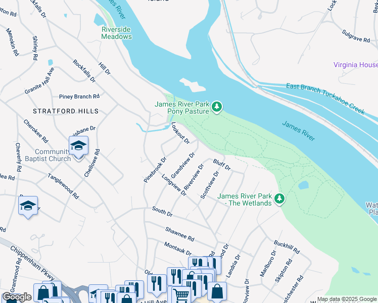 map of restaurants, bars, coffee shops, grocery stores, and more near 3528 Grandview Drive in Richmond