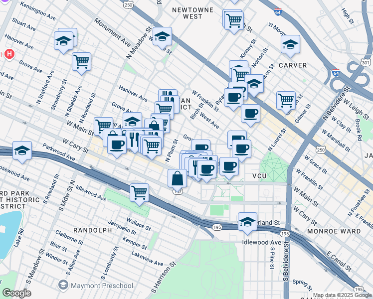map of restaurants, bars, coffee shops, grocery stores, and more near 102 North Harvie Street in Richmond