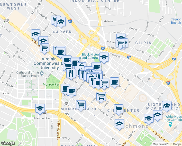 map of restaurants, bars, coffee shops, grocery stores, and more near 220 West Marshall Street in Richmond