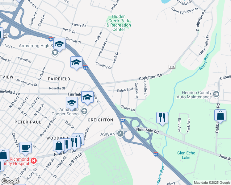 map of restaurants, bars, coffee shops, grocery stores, and more near 2901 Ralph Boulevard in Richmond