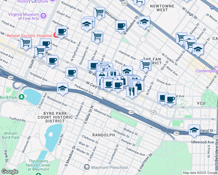 map of restaurants, bars, coffee shops, grocery stores, and more near 8a South Granby Street in Richmond