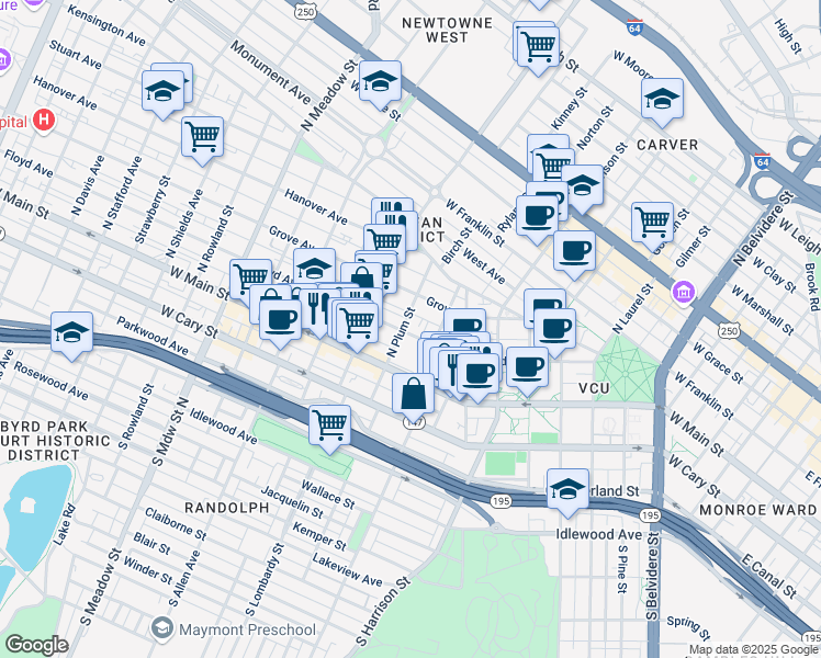 map of restaurants, bars, coffee shops, grocery stores, and more near 1426 Floyd Avenue in Richmond