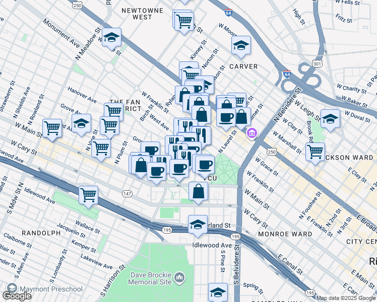 map of restaurants, bars, coffee shops, grocery stores, and more near in Richmond