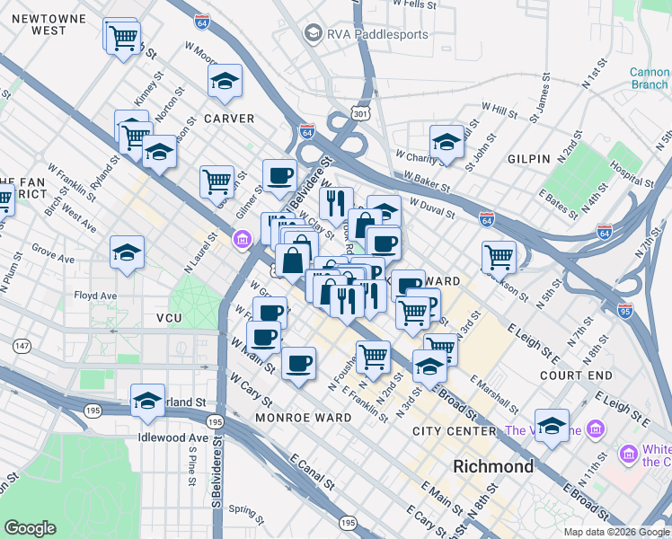 map of restaurants, bars, coffee shops, grocery stores, and more near 218 West Marshall Street in Richmond