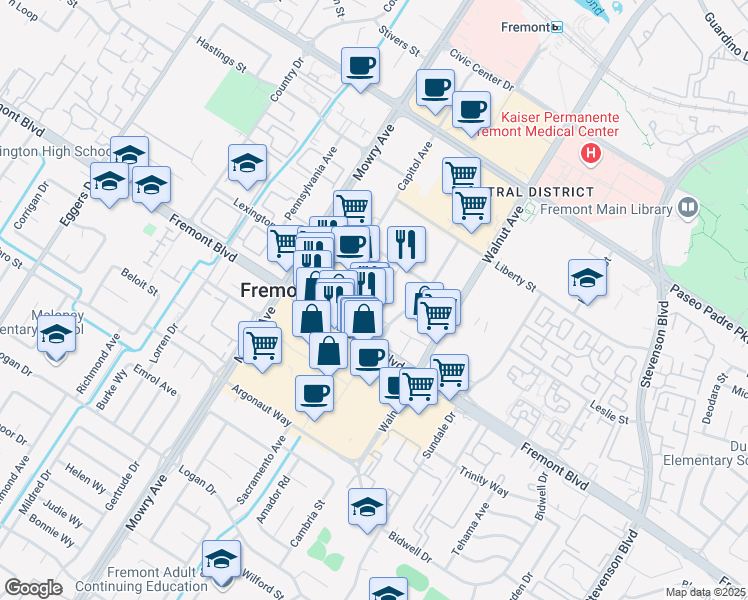 map of restaurants, bars, coffee shops, grocery stores, and more near 39138 Memorial Street in Fremont