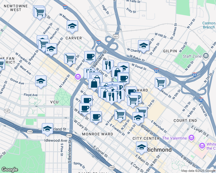 map of restaurants, bars, coffee shops, grocery stores, and more near 222 West Marshall Street in Richmond