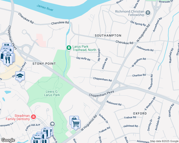 map of restaurants, bars, coffee shops, grocery stores, and more near 8805 Waxford Road in Richmond