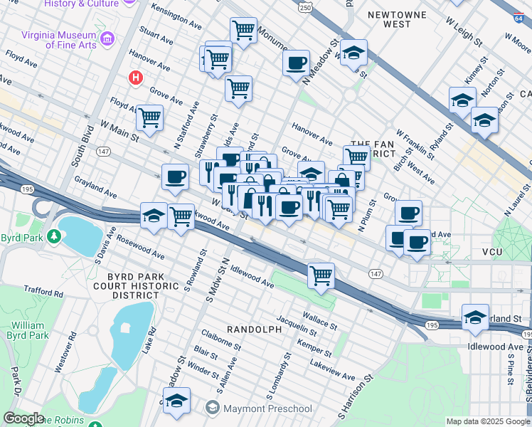 map of restaurants, bars, coffee shops, grocery stores, and more near 6 South Granby Street in Richmond