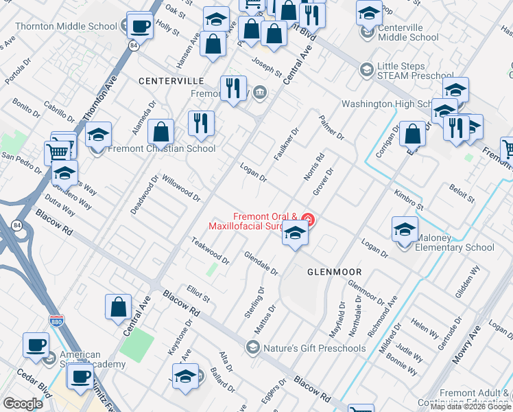 map of restaurants, bars, coffee shops, grocery stores, and more near 4580 Logan Court in Fremont