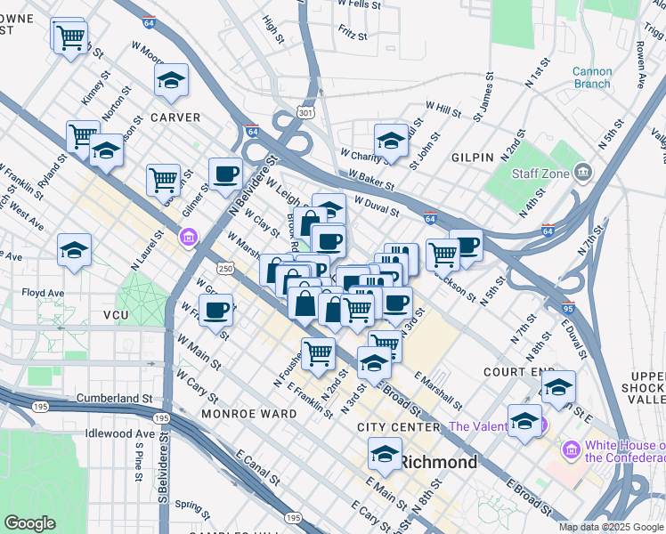 map of restaurants, bars, coffee shops, grocery stores, and more near 14 West Clay Street in Richmond