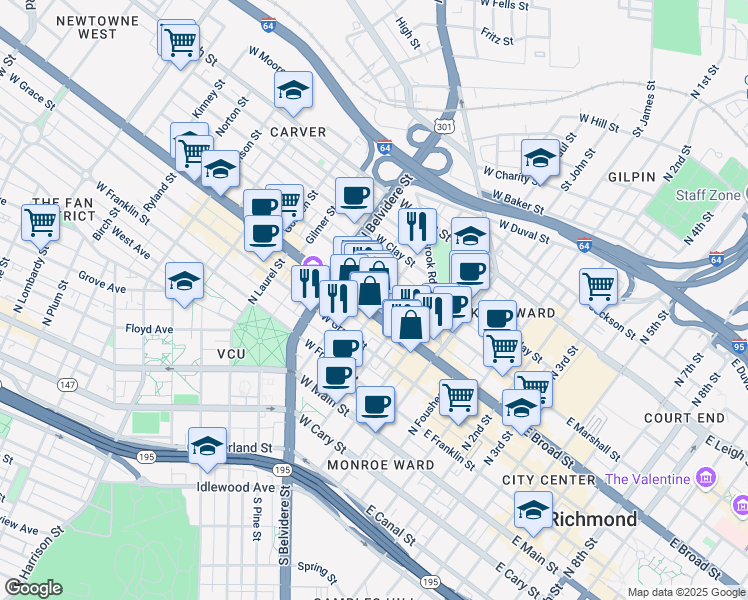 map of restaurants, bars, coffee shops, grocery stores, and more near 309 North Monroe Street in Richmond