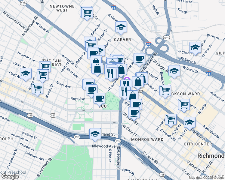 map of restaurants, bars, coffee shops, grocery stores, and more near 700 West Franklin Street in Richmond