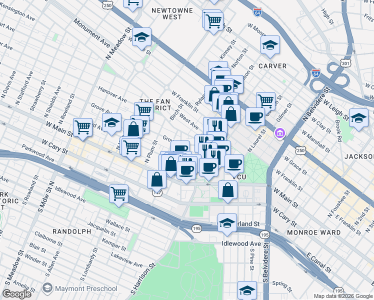 map of restaurants, bars, coffee shops, grocery stores, and more near in Richmond