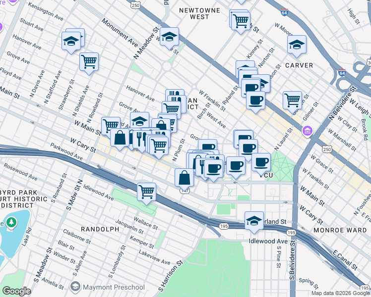 map of restaurants, bars, coffee shops, grocery stores, and more near 1418 Floyd Avenue in Richmond