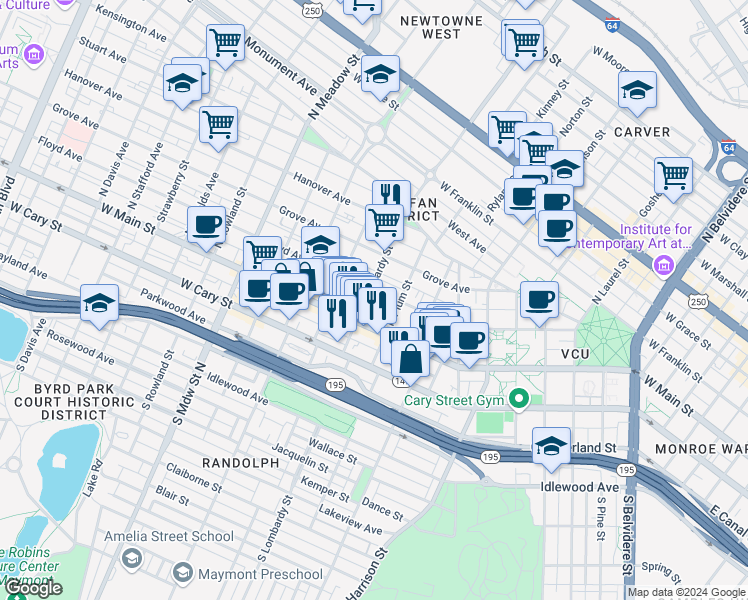 map of restaurants, bars, coffee shops, grocery stores, and more near 1521 Floyd Avenue in Richmond