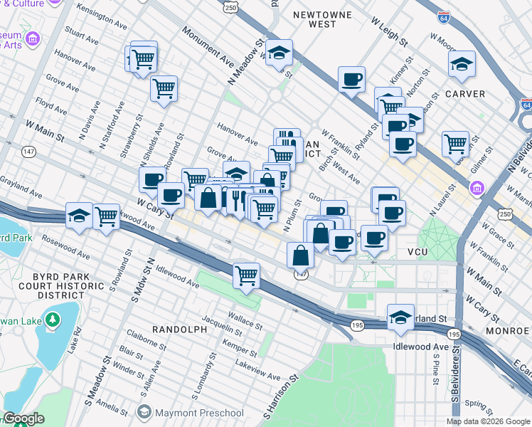 map of restaurants, bars, coffee shops, grocery stores, and more near 1521 Floyd Avenue in Richmond