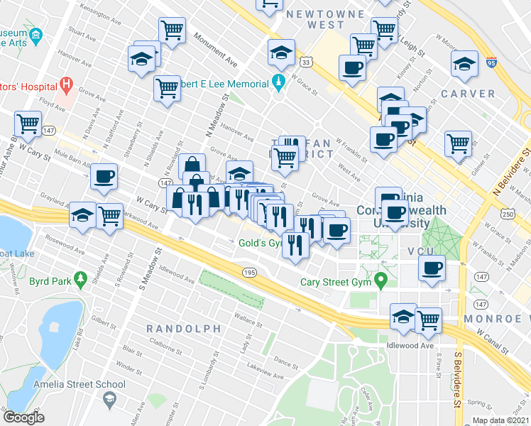 map of restaurants, bars, coffee shops, grocery stores, and more near 1616 West Main Street in Richmond