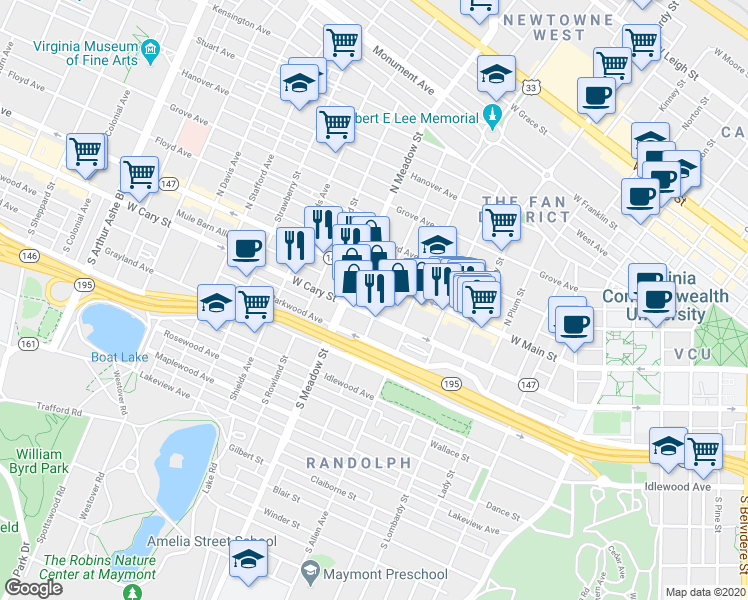 map of restaurants, bars, coffee shops, grocery stores, and more near 3A South Granby Street in Richmond