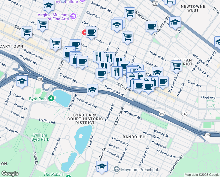 map of restaurants, bars, coffee shops, grocery stores, and more near Parkwood Avenue in Richmond