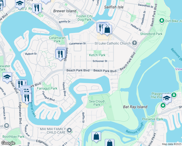 map of restaurants, bars, coffee shops, grocery stores, and more near 910 Beach Park Boulevard in Foster City
