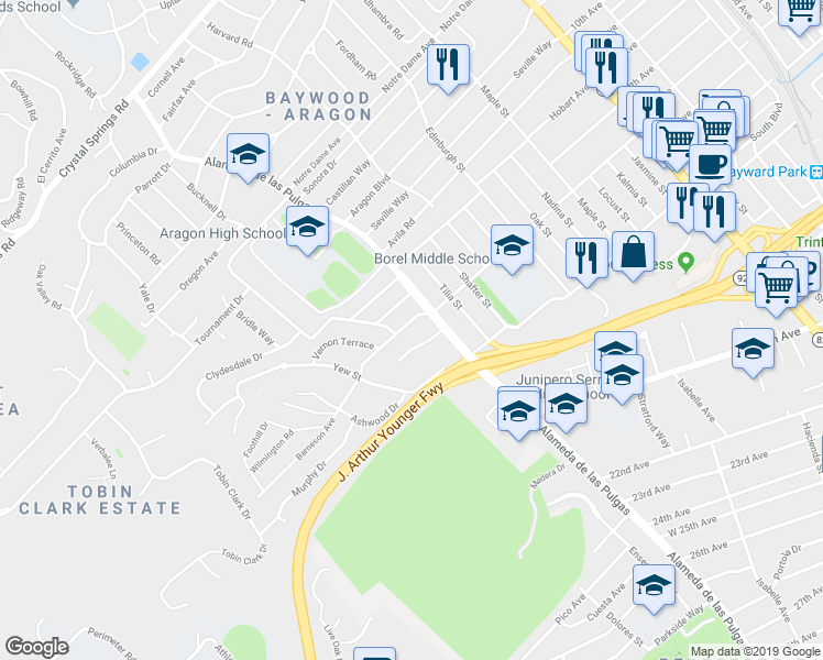map of restaurants, bars, coffee shops, grocery stores, and more near 608 Caribbean Way in San Mateo