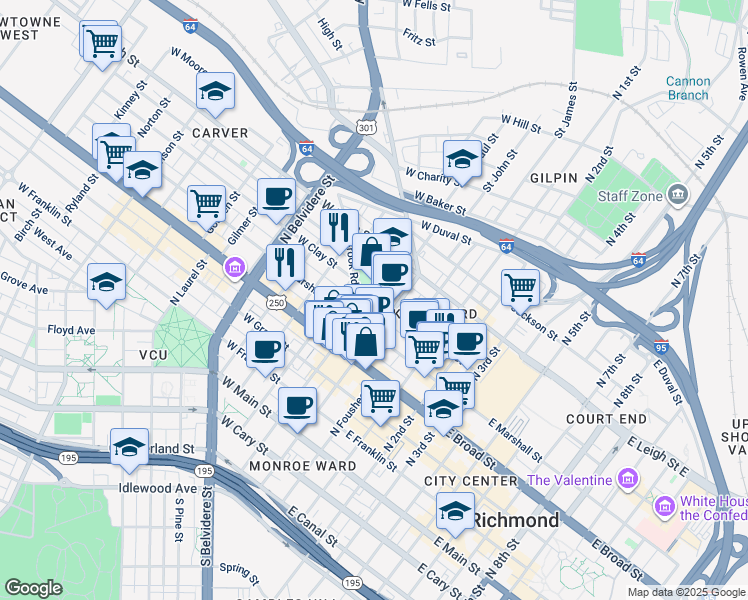 map of restaurants, bars, coffee shops, grocery stores, and more near 121 West Clay Street in Richmond
