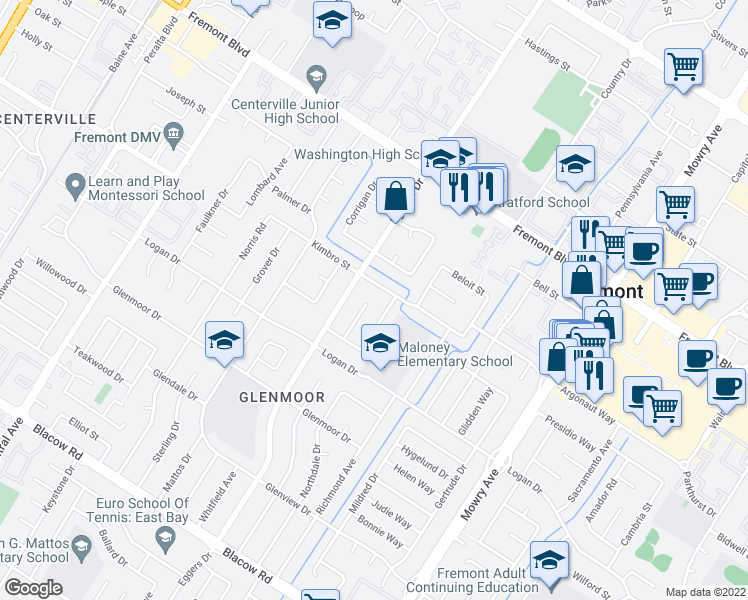 map of restaurants, bars, coffee shops, grocery stores, and more near 4328 Cognina Court in Fremont