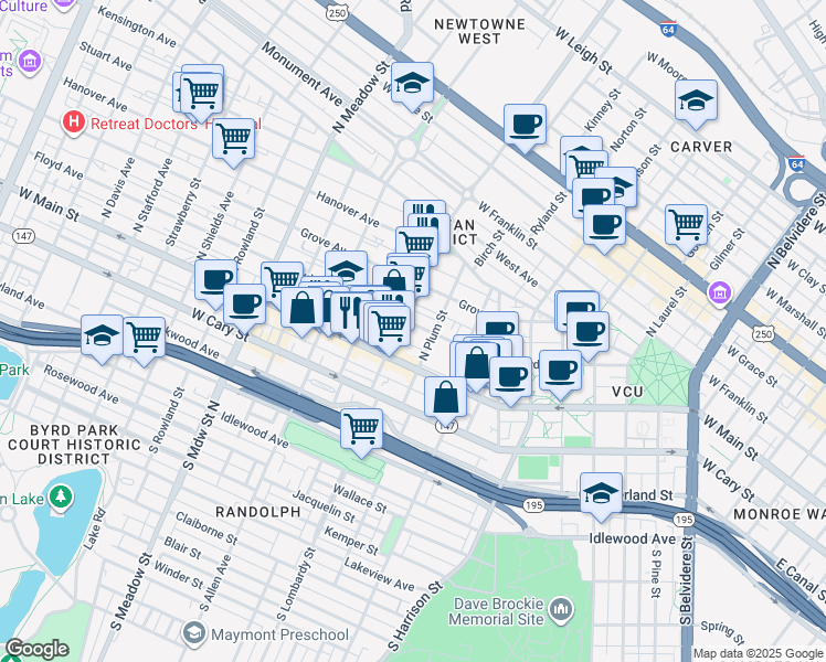 map of restaurants, bars, coffee shops, grocery stores, and more near 1521 Floyd Avenue in Richmond