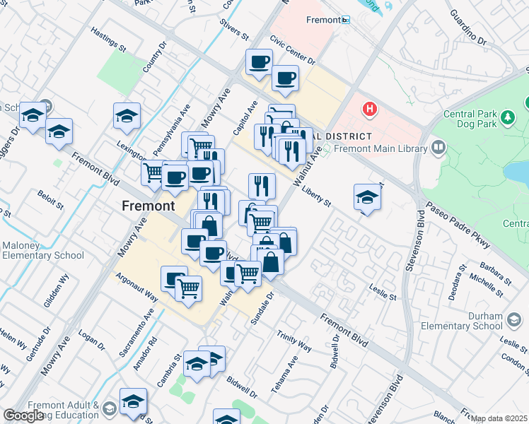map of restaurants, bars, coffee shops, grocery stores, and more near 3651 Walnut Avenue in Fremont