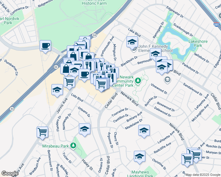 map of restaurants, bars, coffee shops, grocery stores, and more near 35229 Newark Boulevard in Newark