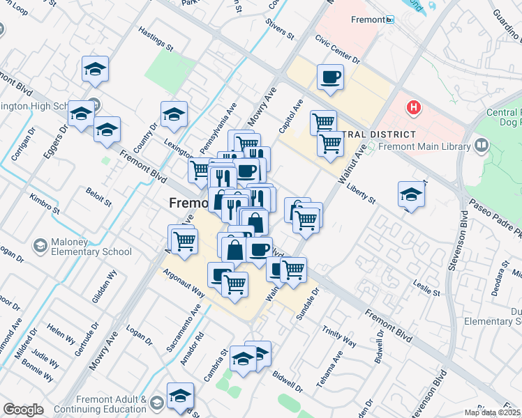 map of restaurants, bars, coffee shops, grocery stores, and more near 39134 Memorial Street in Fremont