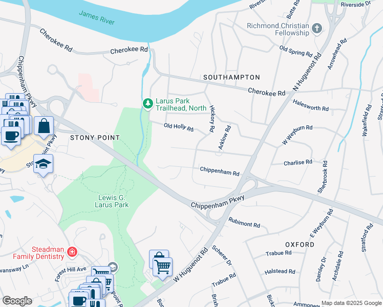 map of restaurants, bars, coffee shops, grocery stores, and more near 8805 Waxford Road in Richmond