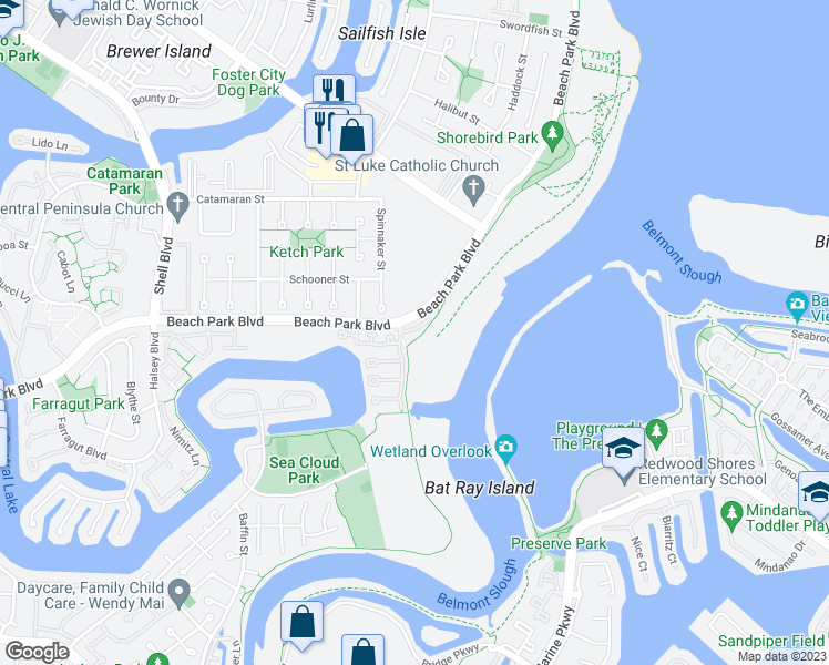 map of restaurants, bars, coffee shops, grocery stores, and more near 1108 Outrigger Lane in Foster City