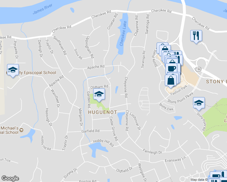 map of restaurants, bars, coffee shops, grocery stores, and more near 3809 Cedar Grove Road in Richmond