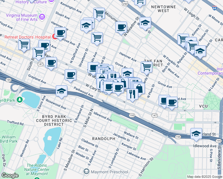map of restaurants, bars, coffee shops, grocery stores, and more near 3 South Granby Street in Richmond