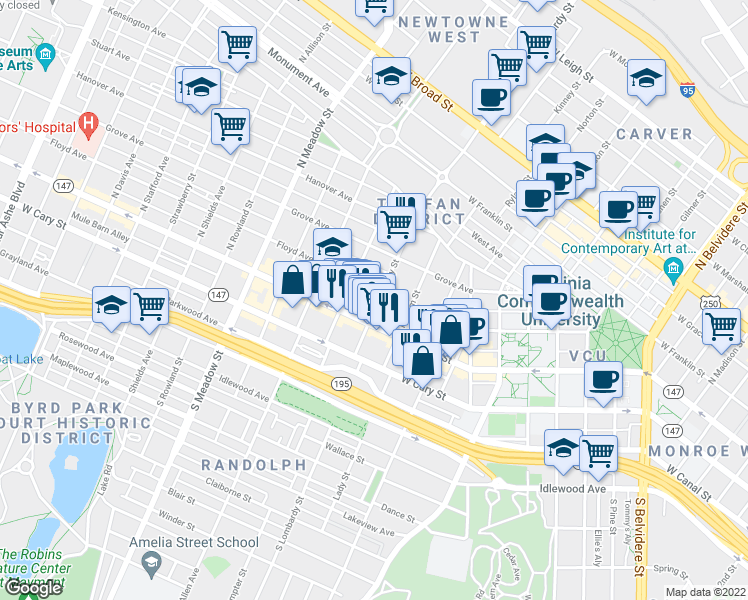 map of restaurants, bars, coffee shops, grocery stores, and more near 24 North Lombardy Street in Richmond