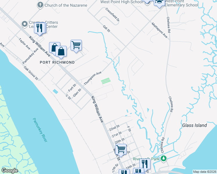 map of restaurants, bars, coffee shops, grocery stores, and more near 293 Thompson Avenue in West Point