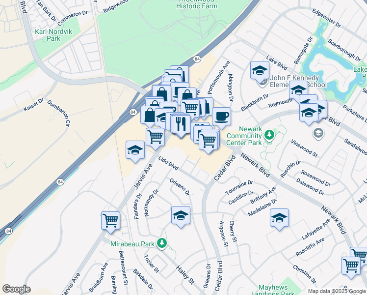 map of restaurants, bars, coffee shops, grocery stores, and more near 6316 Jarvis Avenue in Newark
