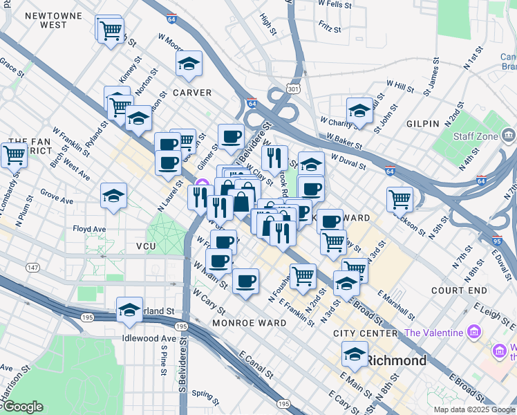 map of restaurants, bars, coffee shops, grocery stores, and more near 315 West Marshall Street in Richmond