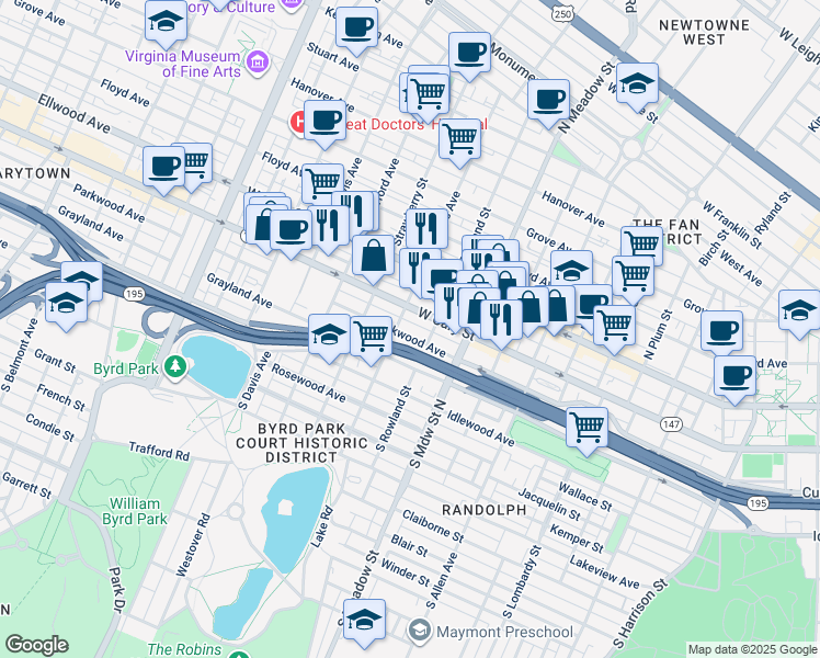 map of restaurants, bars, coffee shops, grocery stores, and more near 2116 Parkwood Avenue in Richmond