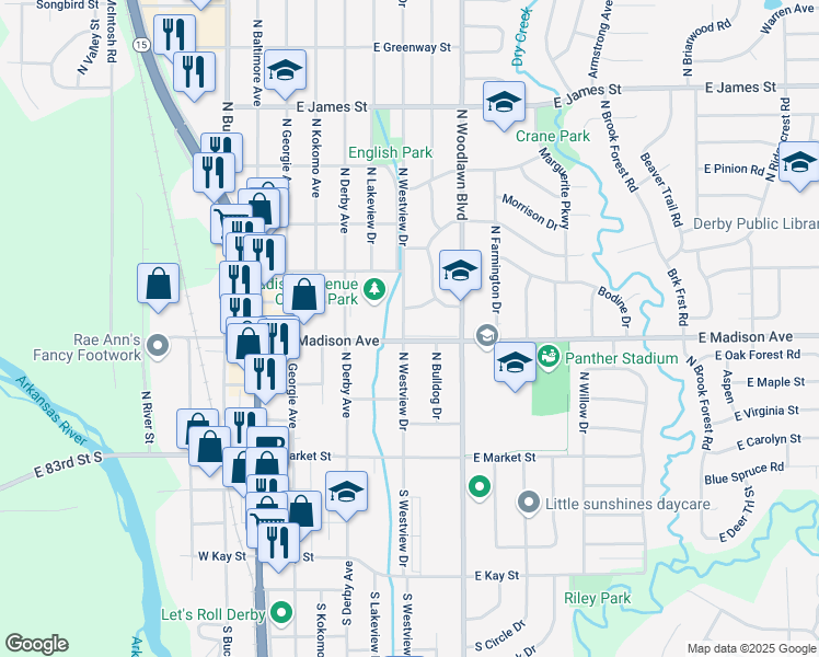 map of restaurants, bars, coffee shops, grocery stores, and more near 600 East Madison Avenue in Derby