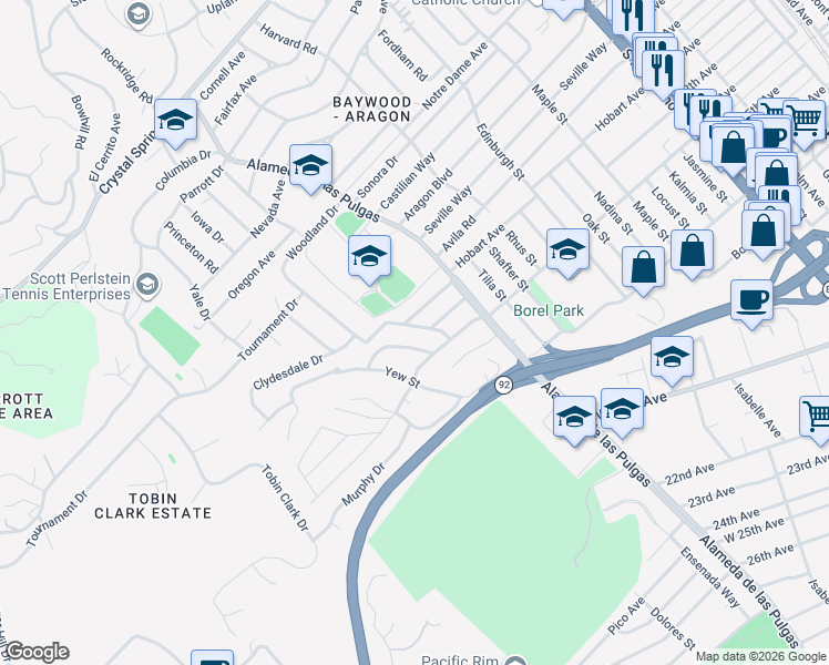 map of restaurants, bars, coffee shops, grocery stores, and more near 1202 Woodland Drive in San Mateo