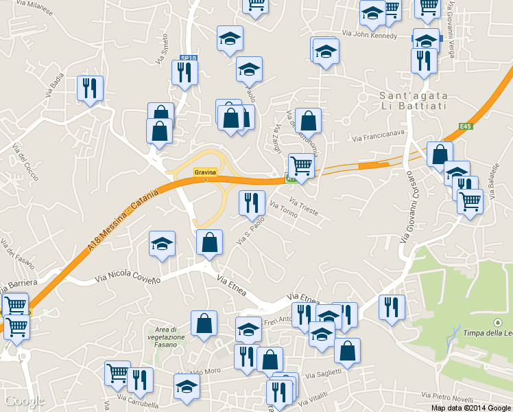 map of restaurants, bars, coffee shops, grocery stores, and more near Via San Domenico Salvo in Gravina di Catania