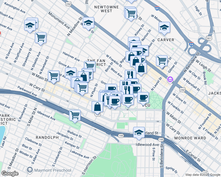 map of restaurants, bars, coffee shops, grocery stores, and more near 1301 Grove Avenue in Richmond