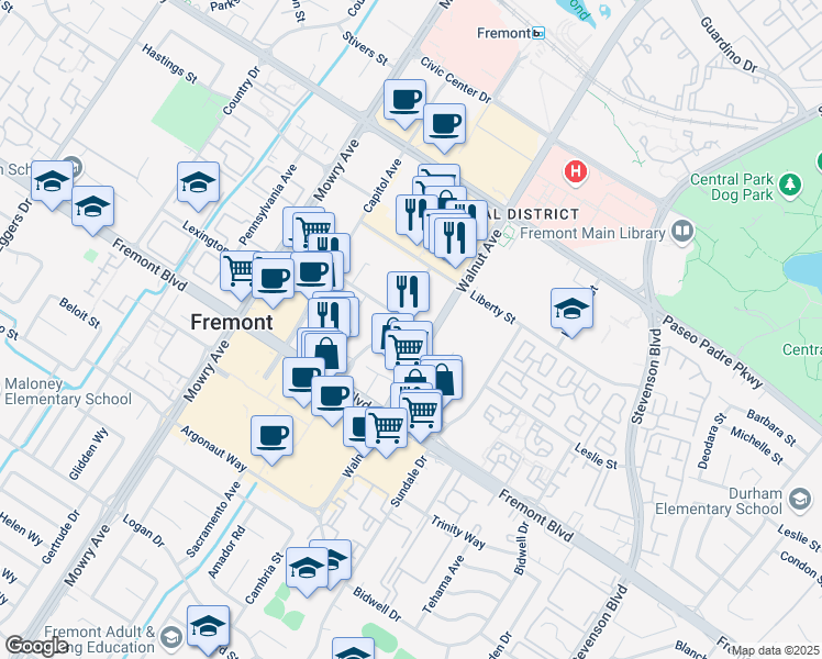 map of restaurants, bars, coffee shops, grocery stores, and more near 3651 Walnut Avenue in Fremont