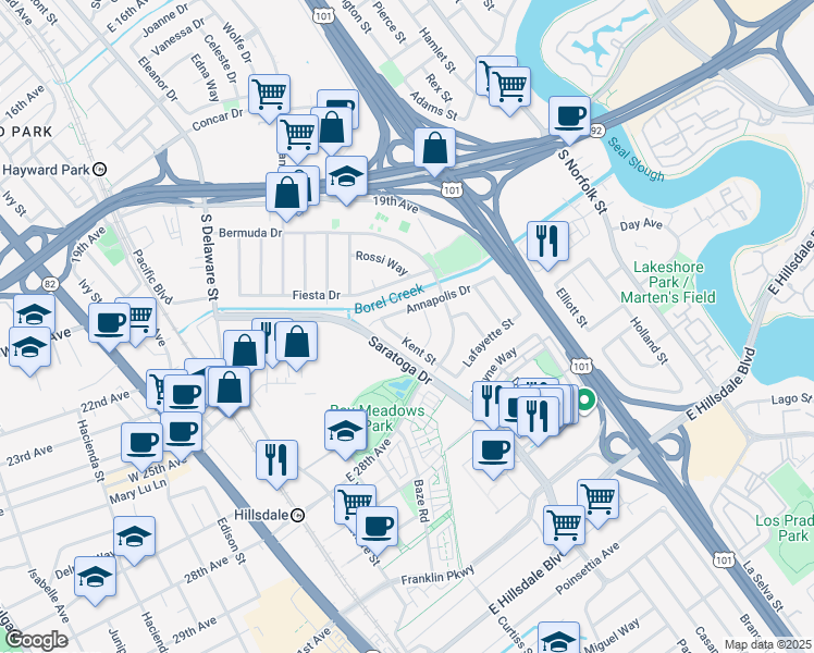 map of restaurants, bars, coffee shops, grocery stores, and more near 2230 Kent Street in San Mateo